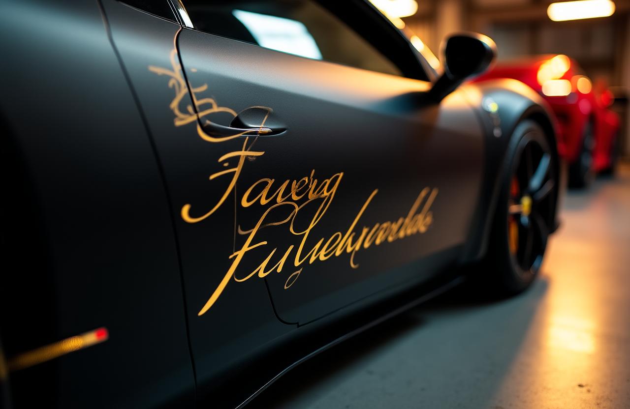 Auto di lusso con dettagli calligrafici dorati realizzati a mano