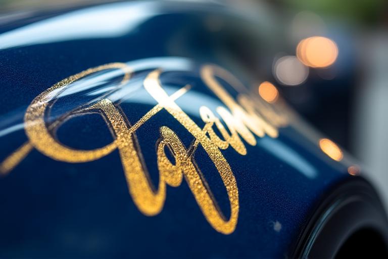 Dettaglio di calligrafia artistica su una carrozzeria scura