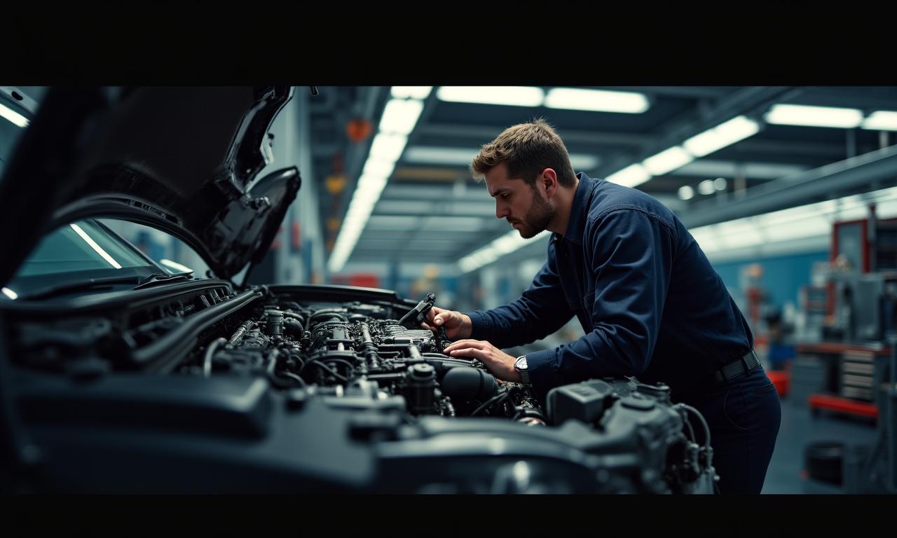 Meccanico specializzato al lavoro su un motore ad alte prestazioni